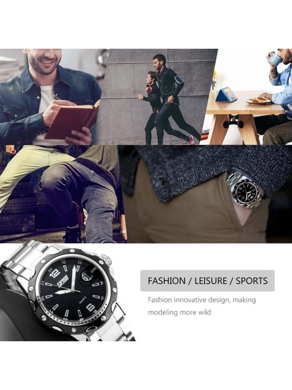 Men's Silver Black Analog Quartz Stainless Steel Waterproof Luxury Wrist Watch